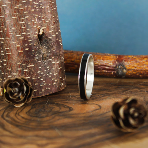 Black Tourmaline Ring Silver Inlay 