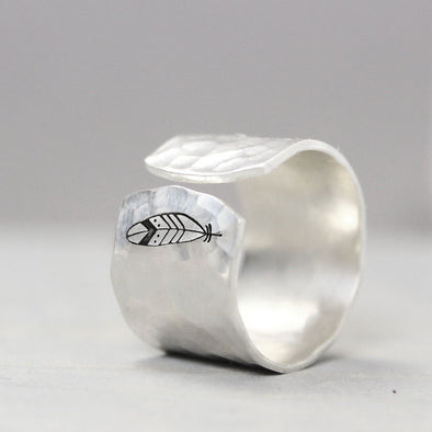 Wide Hammered Ring With Feather 